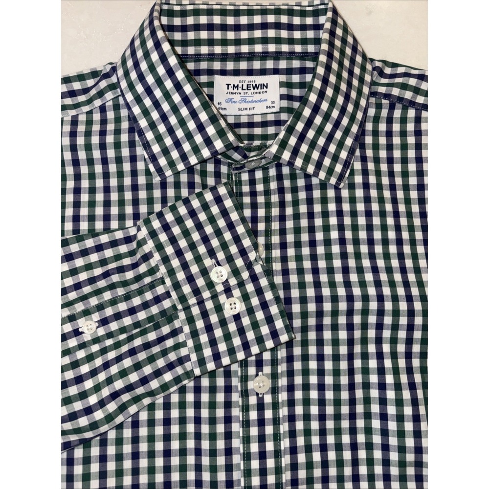 TM Lewin Mens Dress Shirt 16 33 Plaid 100%‎ Cotton Collared Slim Fit